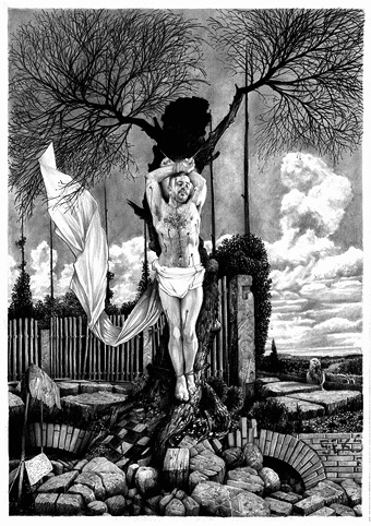 Chris Löhmann – „Das Martyrium des Heiligen Sebastian (Mein Armer armer Vater spricht verbitterte Worte aus der kalten Dunklen Erde, in der er ruht. Großer Opitzer Himmel über einem Ausblick nach Freital)“, 2024