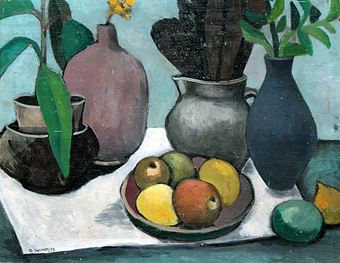 Friedrich Decker, Stillleben mit Äpfeln, Öl auf Malpappe, 1958