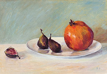 Anke Kiermeier „Granatapfel und Feigen“ 2021, Öl auf Leinwand, 26,2 x 38,3 cm